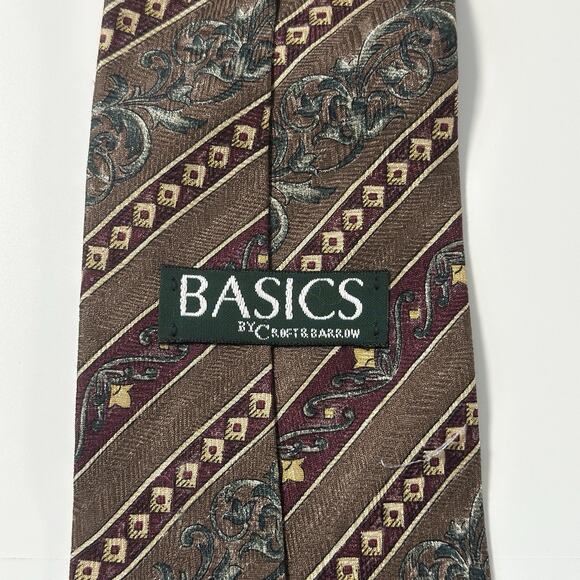 Basics by Croft & Barrow Silk Tie Brown Burgundy Striped Paisley Geometric VTG - Picture 4 of 7